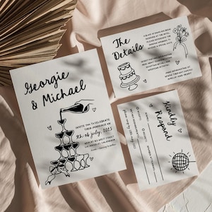 Hand Drawn Wedding Invitation Suite Illustrated Wedding Invite Quirky Hand Drawn Fun Wedding Invitation Champagne Tower | HD3