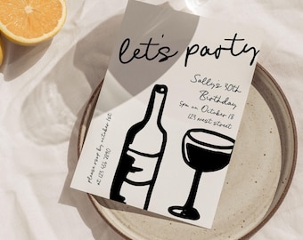 Whimsical Dinner Party Invitation, Adult Wine Birthday Dinner Invitation Template, 21st 30th 40th Birthday Invitation Hand Drawn