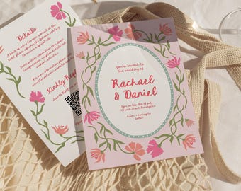Whimsical Floral Wedding Invitation, Hand Drawn Wildflower Wedding Invite Double Sided | FL1