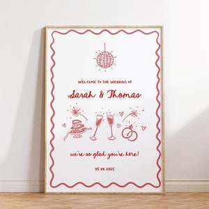 Hand Drawn Welcome Sign Template Whimsical Welcome Sign Handwritten Welcome Sign Squiggle Illustration Unique Wedding Sign | HD1 Pink Red
