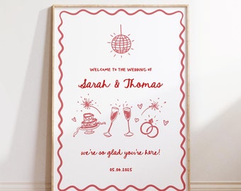 Hand Drawn Welcome Sign Template Whimsical Welcome Sign Handwritten Welcome Sign Squiggle Illustration Unique Wedding Sign | HD1 Pink Red