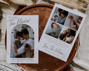 The More The Merrier Christmas Birth Announcement Template, Printable New Baby Holiday Card