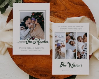 The More The Merrier Christmas Birth Announcement, Retro Photo Card Template, New Baby Holiday Card Download