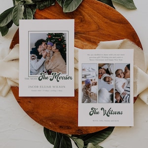The More The Merrier Christmas Birth Announcement, Retro Photo Card Template, New Baby Holiday Card Download