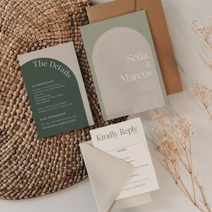 Arch Wedding Invitation Suite Template Sage Green Boho Wedding Invitation Set Arched Minimalist Invite Instant Download Sofia in sage image 1