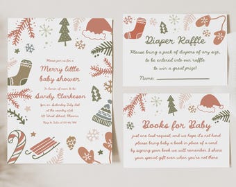 May include: A set of winter-themed baby shower invitations and inserts. The invitation reads "Merry little baby shower" with details. Inserts include a diaper raffle and a request for books. Designs feature snowflakes, mittens, and holiday elements.