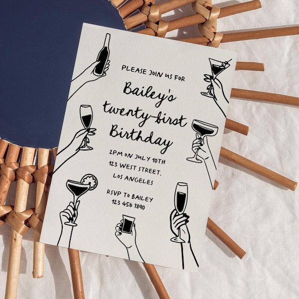 Adult Birthday Invitation Cheers Wine Whimsical Cocktail Party Invitation, Adult Birthday Party Invite Hand Drawn | HD3