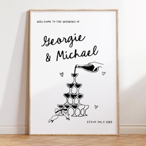 Hand Drawn Welcome Sign Handwritten Champagne Tower Whimsical Welcome Sign Illustration Unique Wedding Sign | HD3
