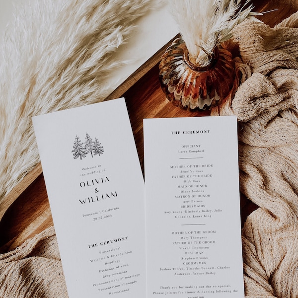 Pine Tree Wedding Program Template Forest Wedding Program Printable Minimal Wedding Program | Pines