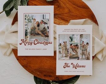 May include: A Christmas card with a photo of a family of four. The card is cream colored with brown text that says "Merry Christmas" and "The Wilson Family | 202X". The back of the card has a collage of three photos of the family and the text "Wishing you peace, joy, and love this Christmas and always." and "The Wilsons" with the names of the family members.