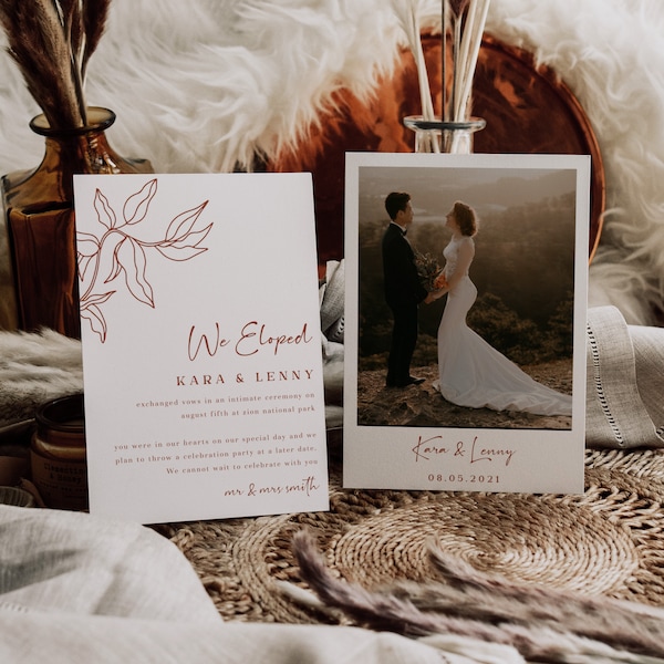 Elopement Announcement Card Template, Photo We Eloped Card Wedding Announcement Minimalist Terracotta | Tierra