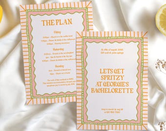 Love At First Spritz Bachelorette Invitation, Fun Spritz Bachelorette Shower Itinerary Invite Hand Drawn Colorful | SP1