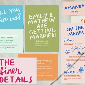 Colorful Hand Drawn Wedding Invitation Suite Illustrated Wedding Reception Bundle Bright Hand Drawn Quirky Wedding Invitation Template | Q1