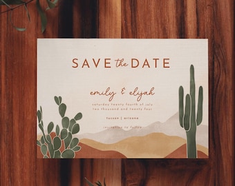 May include: Save the Date card with a desert landscape design. The card is beige with brown, orange, and green accents. The text reads "Save the Date, emily & elyah, saturday twenty fourth of july, two thousand and twenty four, Tucson | Arizona, invitation to follow."