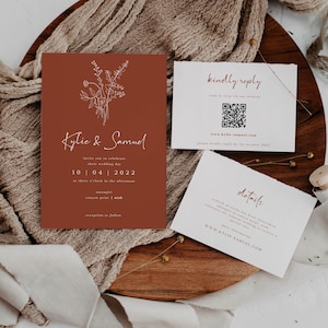 Terracotta Boho Wedding Invitation Set Template Rust Minimalist Wedding Set QR Code RSVP Desert Wedding DIY Simple Botanicals Template | Mia