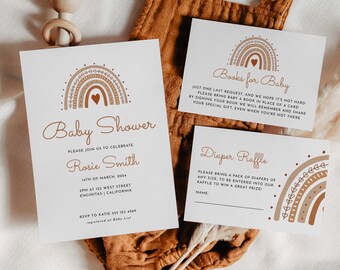 May include: A set of three cards with a rainbow design and text that says "Baby Shower", "Books for Baby", and "Diaper Raffle". The cards are on a brown fabric background.