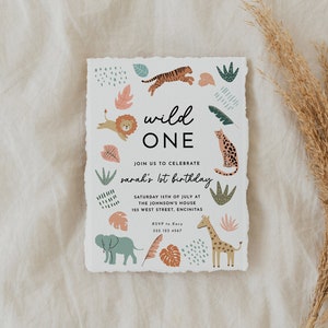 Editable Safari Birthday Invitation Wild One 1st Birthday Invite Jungle Animals invitations Printable Template Jungle Birthday Girl