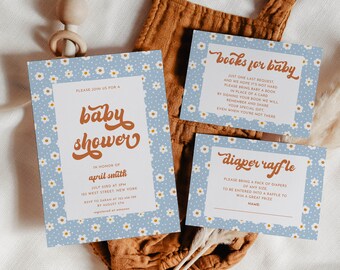 Daisy Baby Shower Invitation Set Retro Baby Shower Groovy Baby Shower Invite Instant Download Template 60s 70s Baby Shower | April