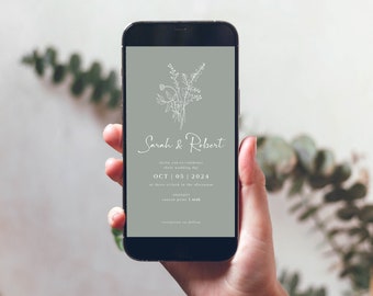 Descarga de plantilla de invitación de boda electrónica verde salvia, invitación digital minimalista floral simple // Invitación telefónica de Evite / Mia
