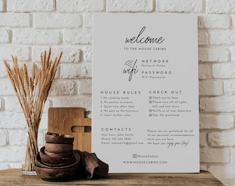 May include: A white sign with black text that says "Welcome to the Moose Cabins". The sign also includes information about the wifi network, house rules, check out procedures, and contact information for the host.