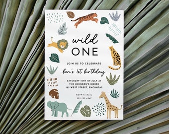 May include: A white invitation card with a jungle theme. The card features a lion, tiger, giraffe, elephant, and leopard, along with green leaves and other jungle-themed illustrations. The text on the card reads "wild ONE" and "Join us to celebrate ben's 1st birthday".