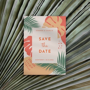 Modern Tropical Beach Wedding Save The Date Invitation Template Boho Beach Wedding Save The Date Invitation | Summer in Pink