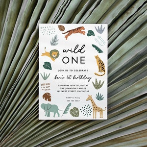 Wild One 1st Birthday Invitation Editable Safari Birthday Invite Jungle Animals invitations Printable Template Jungle Birthday Boy