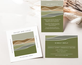 Forest Mountain Wedding Invitation Suite, Mountain Wedding Invite Template Olive Green | Hailey