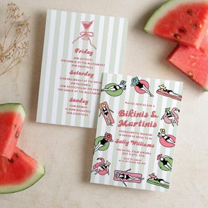 Striped Bikinis & Martinis Bachelorette Party Invitation Template, Pool Party Bachelorette | ST1
