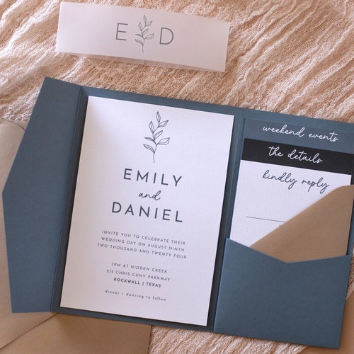 Sage Green Pocket Wedding Invitation Template Boho Sage Blue Etsy