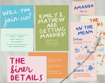 Colorful Hand Drawn Wedding Invitation Suite Illustrated Wedding Reception Bundle Bright Hand Drawn Quirky Wedding Invitation Template | Q1