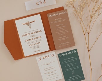 Modern Western Wedding Invitation Suite Wedding Invitation Set Southwestern Wedding Pocket Invitation Ranch | Moab