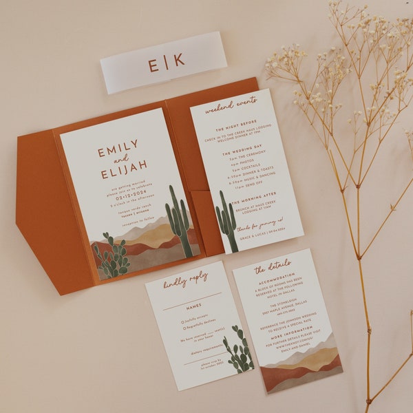 Desert Wedding Invitation Suite Pocket Boho Cactus Wedding Invite Pocketfold Invitation Template Pocket Envelope Invitation Set | Ava