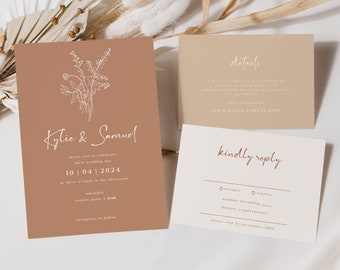 Beige Wedding Invitation Suite Template Floral Minimalist Wedding Invitation Download Beige Nuetral Invitation Stationery | Mia in beige