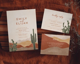 Boho Desert Wedding Invitation Suite Cactus Invitation Arizona Wedding Invitation Set Saguaro Warm Earth Tones | AVA