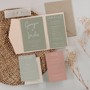 Sage Green Pocket Wedding Invitation Set Blush Wedding Suite Pocketfold Wedding Invite Suite Sage Salmon | Georgia