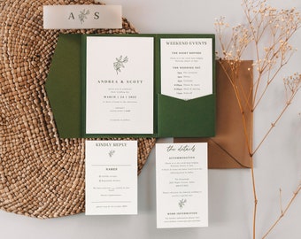 May include: A green and white wedding invitation suite with a simple floral design. The invitation includes the couple's names, wedding date, and RSVP information. The details card includes information about the weekend events, accommodation, and more information.