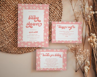 Daisy Baby Shower Invitation Set Groovy Baby Shower Invite Retro Baby Shower Template 60s 70s Baby Shower Girl | April
