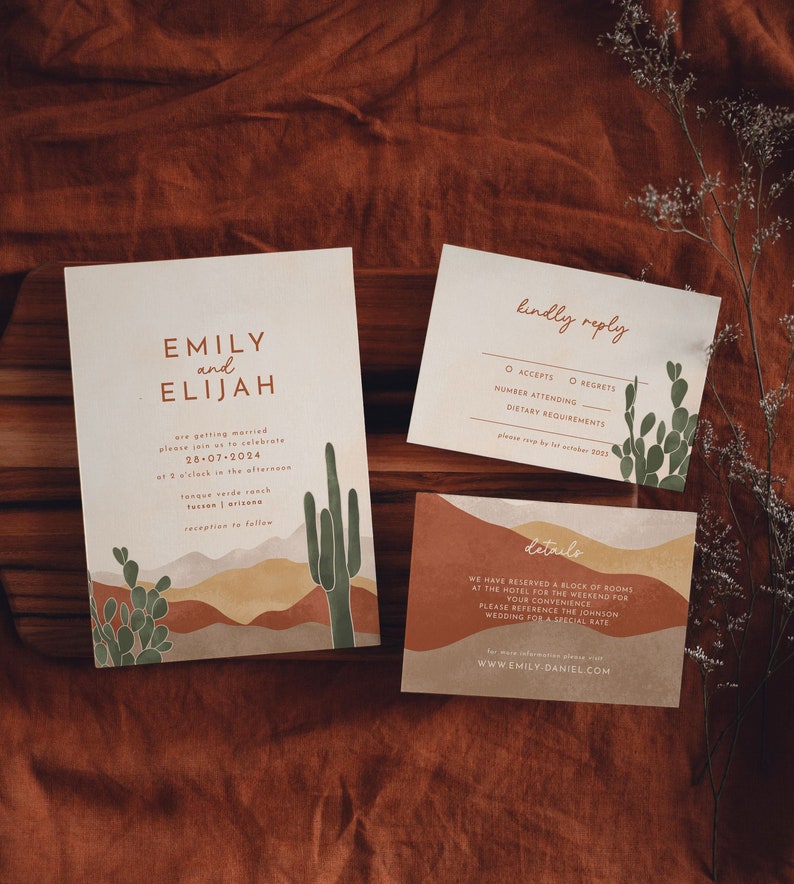 Boho Desert Wedding Invitation Suite Cactus Invitation Arizona Wedding Invitation Set Saguaro Warm Earth Tones AVA image 1