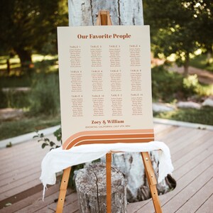 May include: A wedding seating chart with a retro design. The chart is printed on a light brown background with a tan border. The text is in a brown font. The chart is titled "Our Favorite People" and lists the names of guests assigned to each table. The chart also includes the names of the bride and groom, "Zoey & William", the date of the wedding, "July 4th, 2024", and the location, "Encinitas, California".