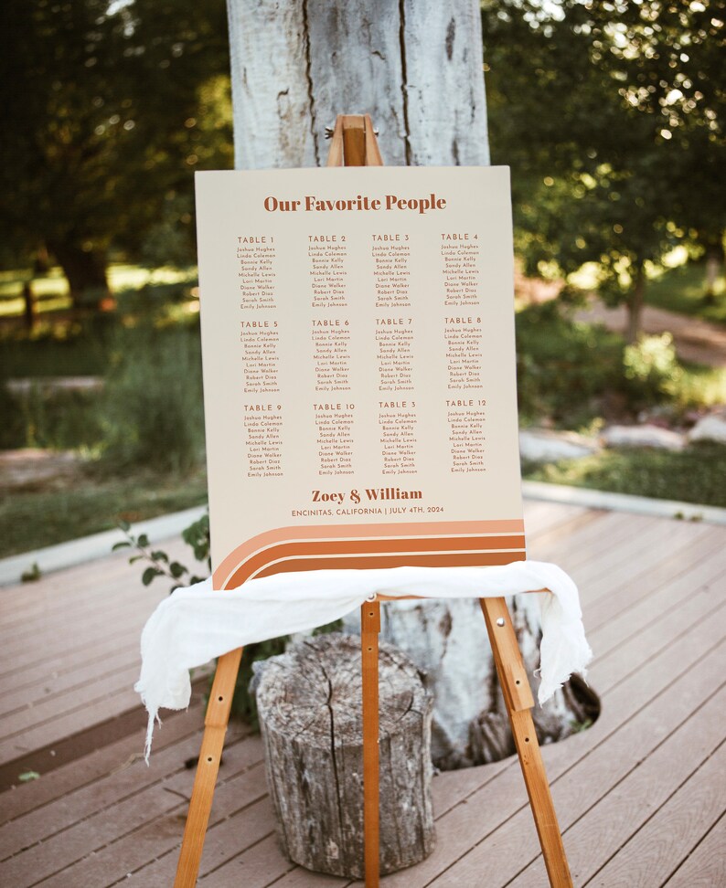 May include: A wedding seating chart with a retro design. The chart is printed on a light brown background with a tan border. The text is in a brown font. The chart is titled "Our Favorite People" and lists the names of guests assigned to each table. The chart also includes the names of the bride and groom, "Zoey & William", the date of the wedding, "July 4th, 2024", and the location, "Encinitas, California".