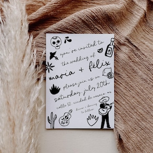 Modern Mexican Wedding Invitation, Hand Drawn Wedding Invite, Illustrated Whimsical Mexican Invite | HD4