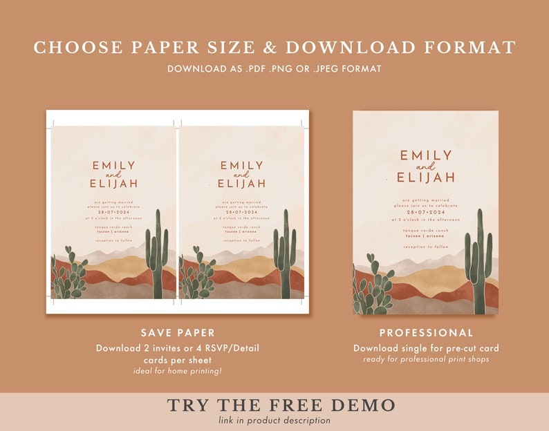 Boho Desert Wedding Invitation Suite Cactus Invitation Arizona Wedding Invitation Set Saguaro Warm Earth Tones AVA image 5