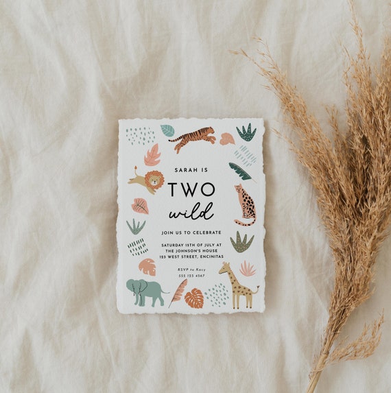 Two Wild Birthday Invitation Editable Safari Birthday Girl Invitation 2nd Birthday Invite Jungle Animals Invitations Template Party Animals