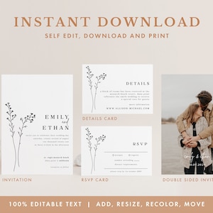 May include: A set of three printable wedding invitation cards with a minimalist design featuring a simple floral illustration and the text "Emily and Ethan". The cards are for an invitation, RSVP, and details. The cards are editable and can be personalized with the Corjl app.