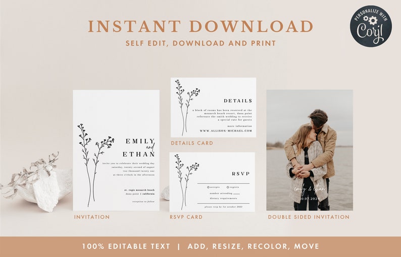 May include: A set of three printable wedding invitation cards with a minimalist design featuring a simple floral illustration and the text "Emily and Ethan". The cards are for an invitation, RSVP, and details. The cards are editable and can be personalized with the Corjl app.