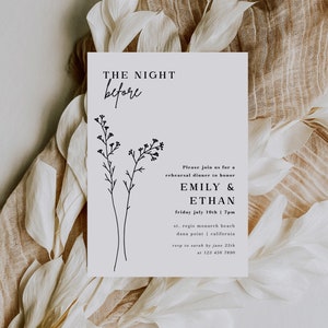 Może przedstawiać: Biała kartka z czarnym tekstem, zapraszająca na kolację pr&oacute;bną dla Emily & Ethana w piątek, 10 lipca o 19:00 w St. Regis Monarch Beach w Dana Point, Kalifornia. Prosimy o potwierdzenie udziału do 25 czerwca pod numerem 123 456 7890.