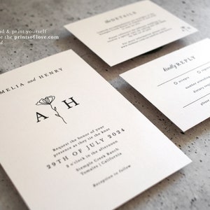 May include: Wedding invitation with a simple design featuring the names Amelia and Henry, the date 29th of July 2024, and the location Stemple Creek Ranch, Tomales California. The invitation also includes a floral design with the initials A and H.