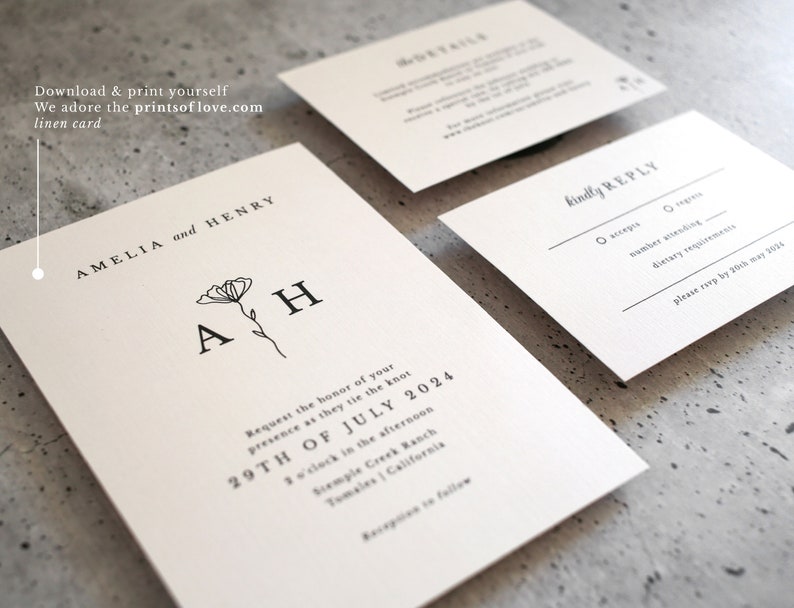 May include: Wedding invitation with a simple design featuring the names Amelia and Henry, the date 29th of July 2024, and the location Stemple Creek Ranch, Tomales California. The invitation also includes a floral design with the initials A and H.