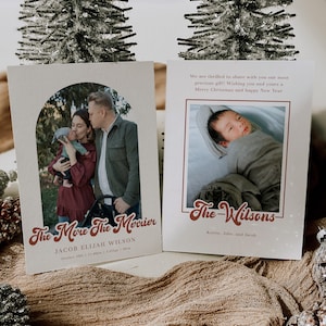 Christmas Birth Announcement Card Template, The More The Merrier Holiday Card, Boho Arch New Baby Editable Card